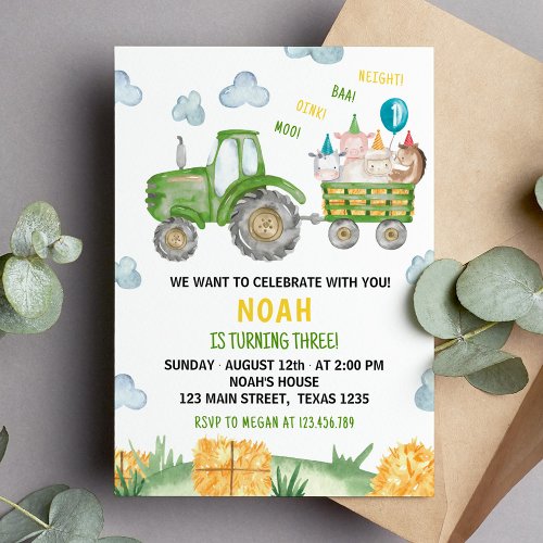 Green Tractor Farm Animal 3rd Birthday Invitation