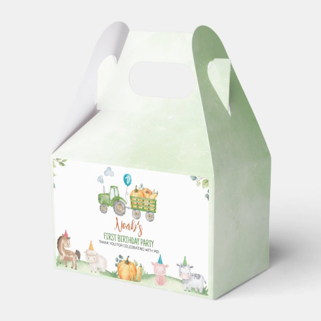 Green tractor Farm Animals Birthday Favor Box (Front Side)