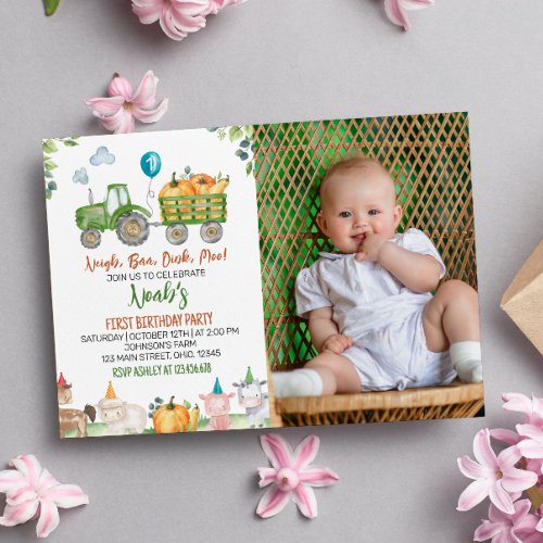 Green Tractor Farm Animals Birthday Invitation