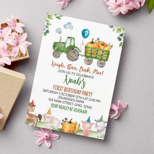 Green Tractor Farm Animals Birthday Invitation