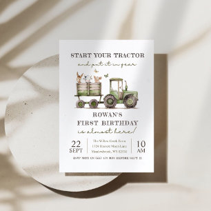 Green tractor & farm animals birthday party invitation