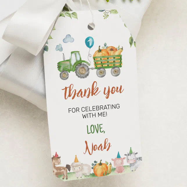 Green Tractor Farm Animals Birthday Thank You Tag | Zazzle