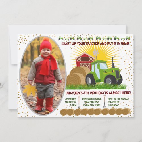 Green Tractor Farm Barn Birthday Photo Invitation