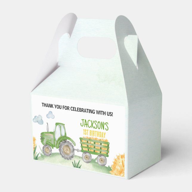 Green Tractor Farm Birthday Party Favor Box (Front Side)