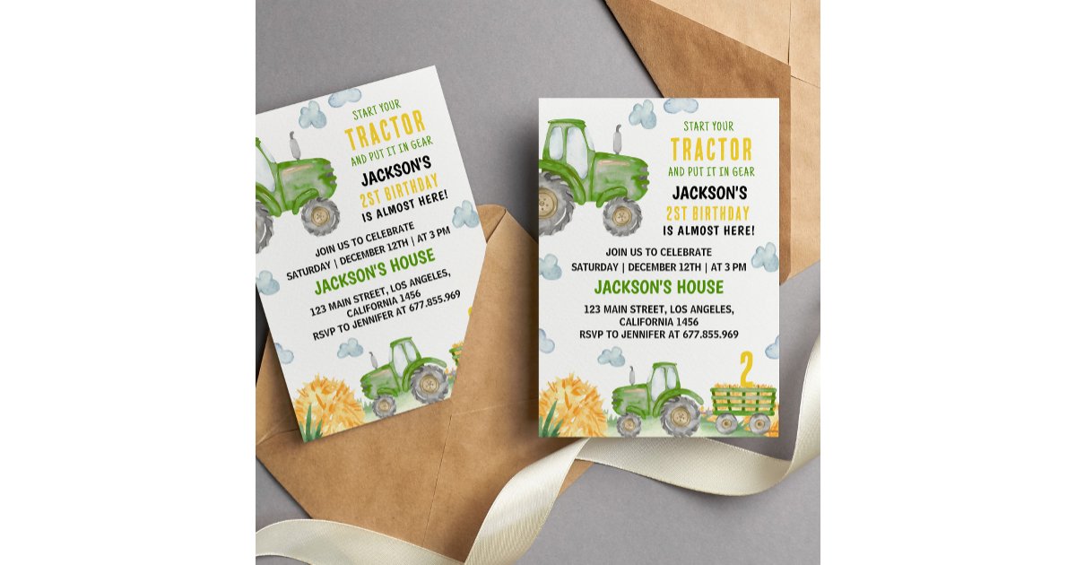 Green Tractor Farm Birthday Party Invitation | Zazzle