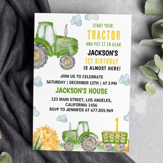 Green Tractor Farm Birthday Party Invitation (Creator Uploaded)