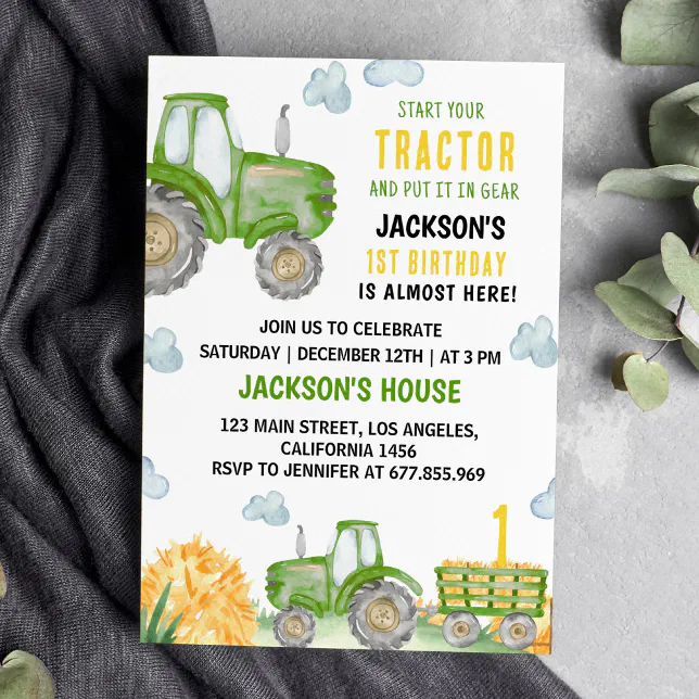 Green Tractor Farm Birthday Party Invitation | Zazzle