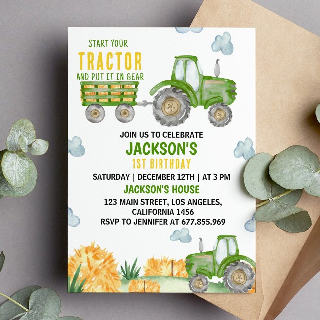 Green Tractor Farm Birthday Party Invitation (Creator Uploaded)
