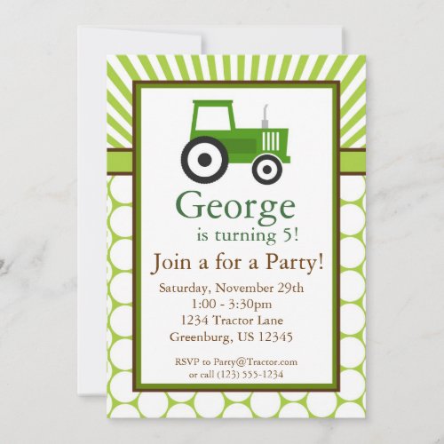 Green Tractor - Farm Birthday Party Invite