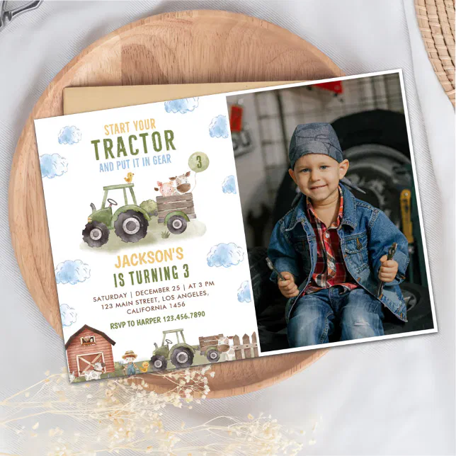 Green Tractor Farm Birthday Party Photo Invitation | Zazzle