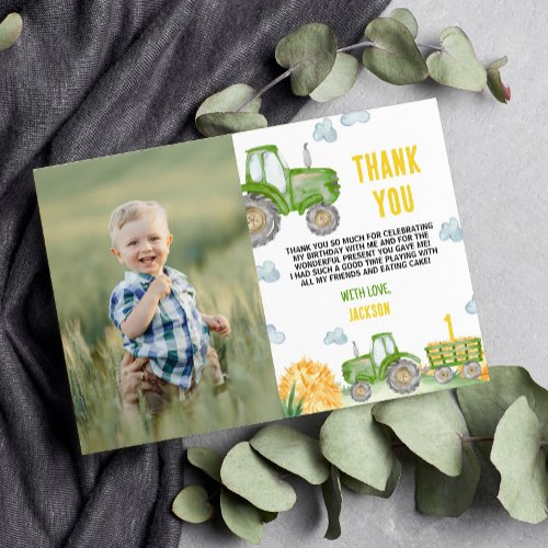 Green Tractor Farm Birthday Photo Thank You Card