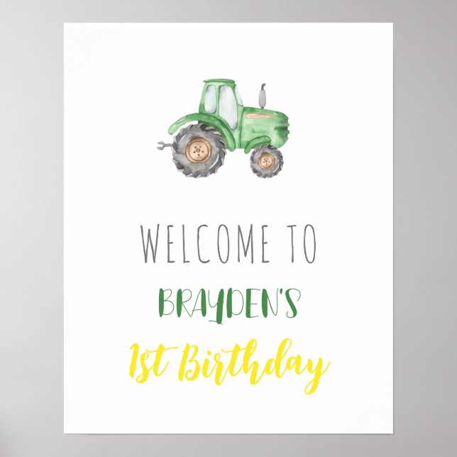 Green Tractor Farm Birthday Welcome Poster (Front)