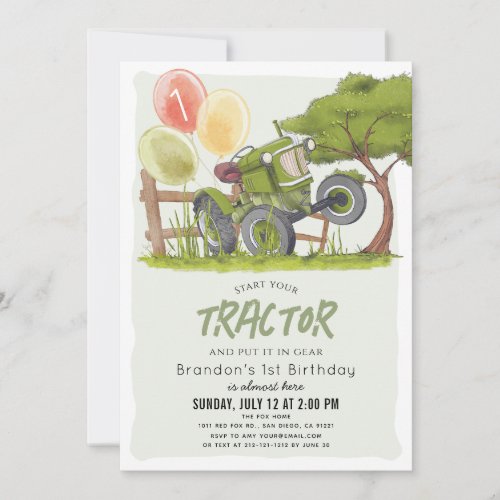 Green Tractor Farm Boy 1st Birthday Invitation