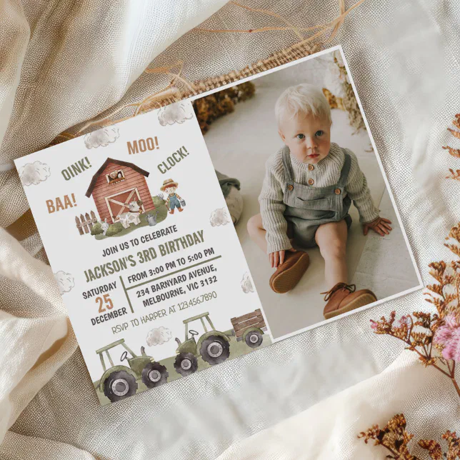 Green Tractor Farm Boy 3rd Birthday Party Photo Invitation | Zazzle