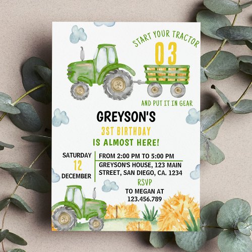 Green Tractor Farm Boy Birthday Party Invitation
