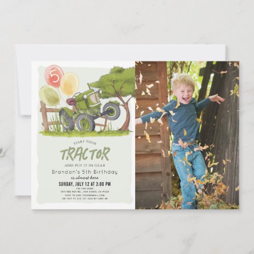 Green Tractor Farm Boy Photo Birthday Invitation