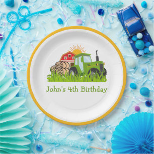 Green Tractor Farm Boys Birthday Personalized Text Paper Plates