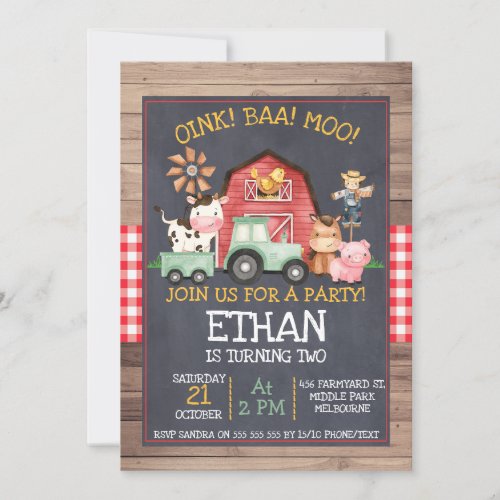 Green Tractor Farm Chalkboard Birthday Invitation