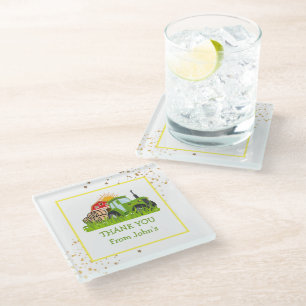 Green Tractor Farm Theme Birthday Party Decor Glass Coaster