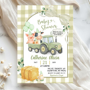 Green Tractor Gingham Coquette Farm Baby Shower Invitation
