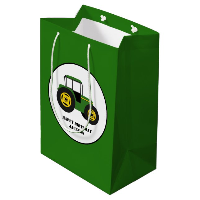 Green Tractor Kid's Birthday Medium Gift Bag (Back Angled)