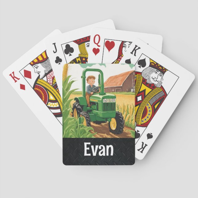 Green Tractor Kid's Name Farmer Equipment Field Poker Cards (Back)