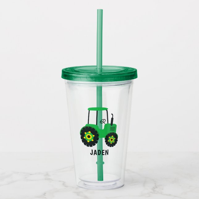 Green Tractor Kids Personalized Farm Barnyard Acrylic Tumbler (Front)