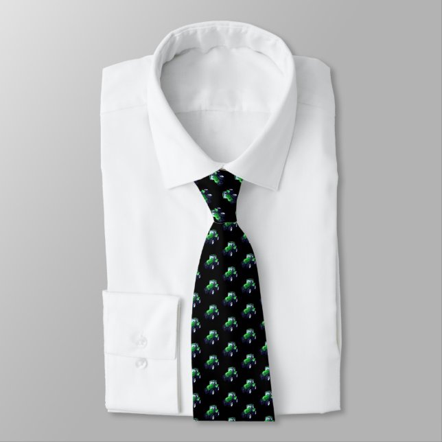 Green Tractor on Black Neck Tie (Tied)