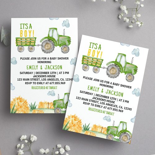 Green Tractor Party Baby Shower Invitation