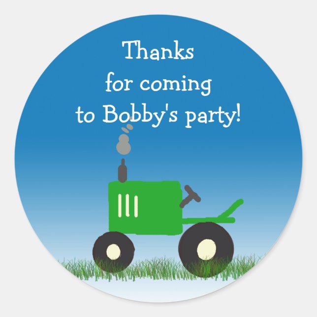 Green Tractor Party Favor Bag Sticker (Front)