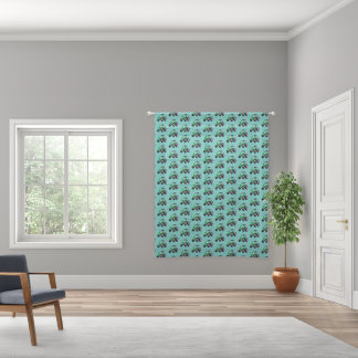 Green Tractor Pattern on Blue Sheer Curtains