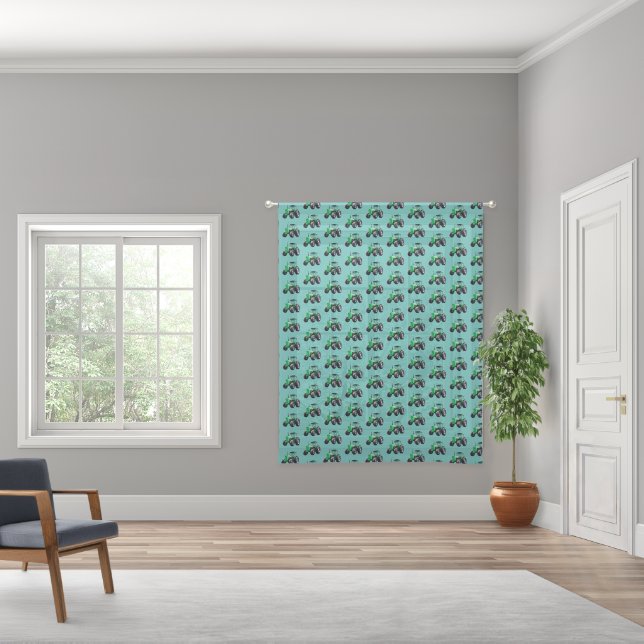 Green Tractor Pattern on Blue Sheer Curtains (Wide)