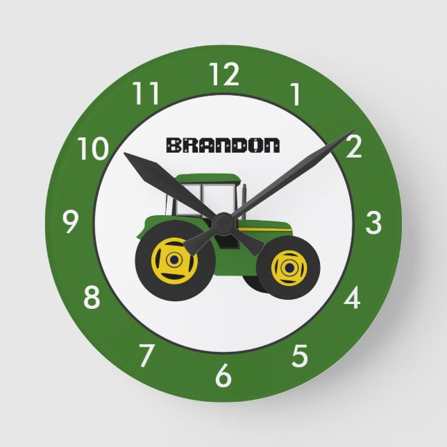 Green Tractor Personalized Round Clock (Front)