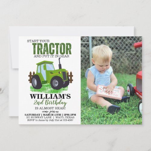 Green Tractor Photo Birthday Party Invitation