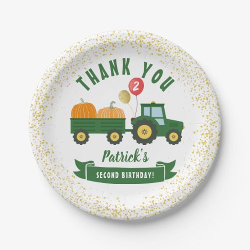 Green Tractor Pumpkin Fall Birthday Thank You Paper Plates