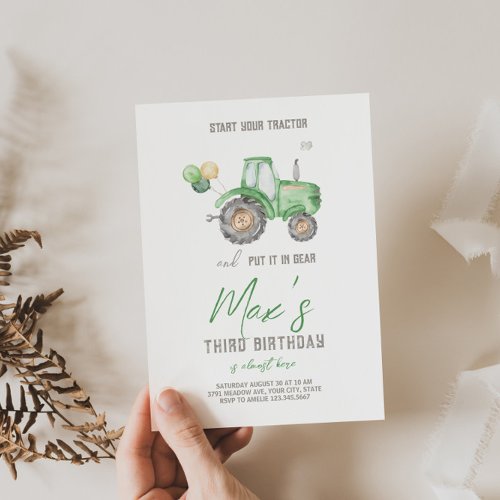 Green Tractor Theme Birthday Invitation