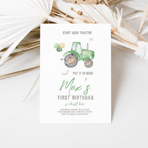 Green Tractor Theme Birthday Invitation