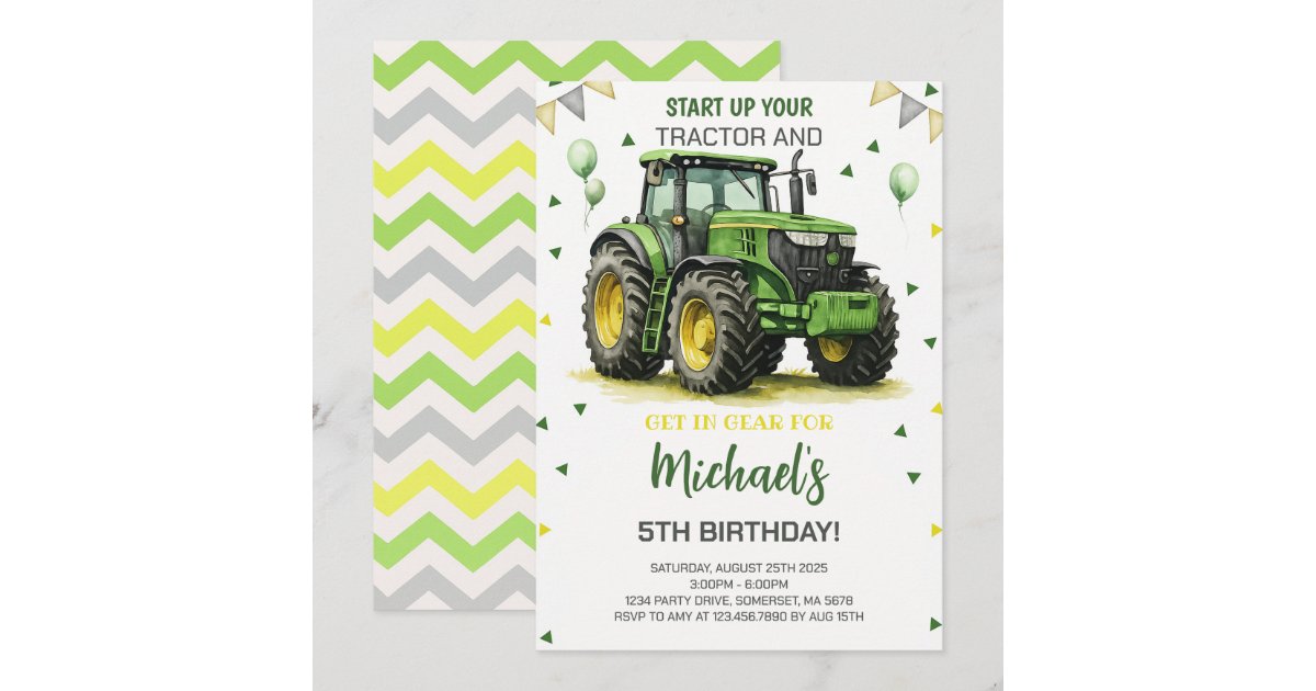 Green Tractor Theme Birthday Party Invitation | Zazzle