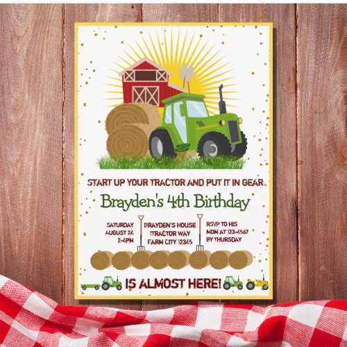 Green Tractor  Trucks Themed Birthday Party  Invitation