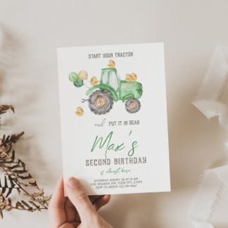 Green Tractor w/Duckling Theme Birthday Invitation