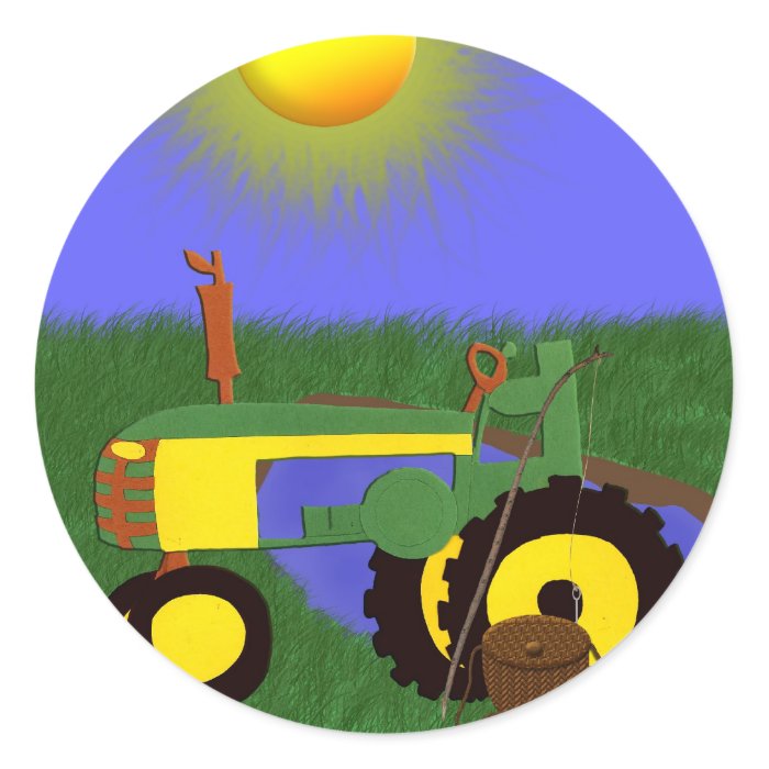 Green Tractor with Fishing Pole by Pond Sticker
