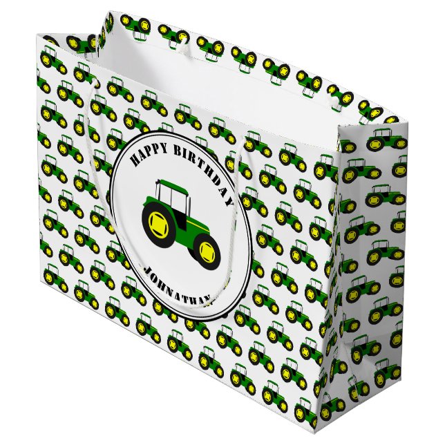 Green Tractors Custom Birthday Large Gift Bag (Back Angled)