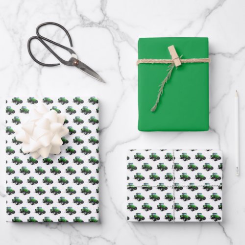 Green tractors wrapping paper sheets