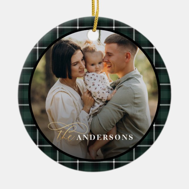 Green traditional tartan personalized christmas ceramic ornament (Front)