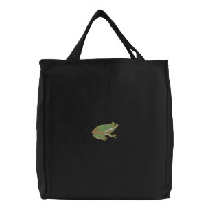 Green Tree Frog Embroidered Tote Bag