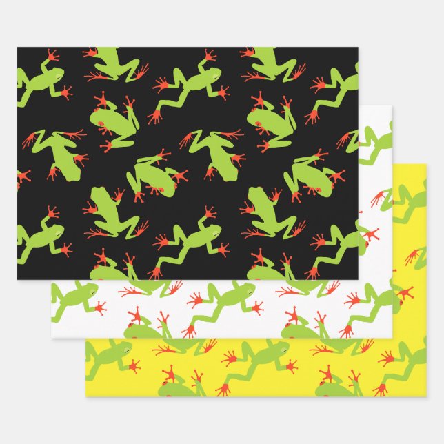 Green Tree Frog Pattern Wrapping Paper Sheets (Set)