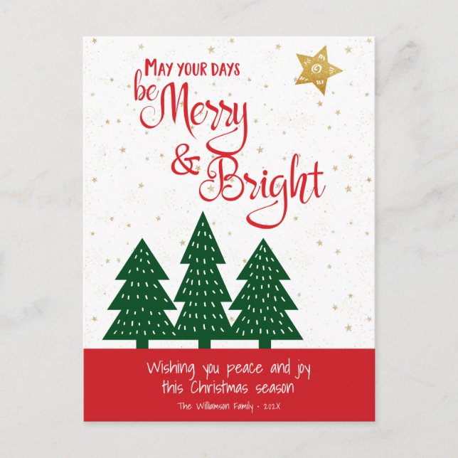 Green Tree Gold Star Days Be Merry Bright Script Holiday Postcard (Front)