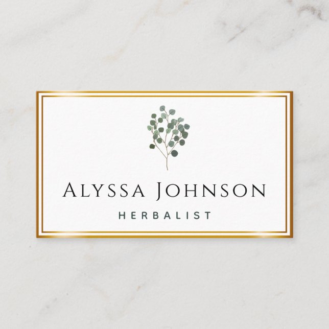 Green Tree Leaves Golden Frame Herbalist Elegant Business Card (Front)
