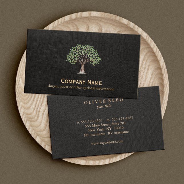 Green Tree Logo Nature Black Faux Linen Business Card