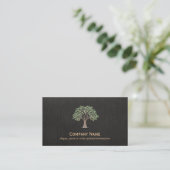 Green Tree Logo Nature Black Faux Linen Business Card (Standing Front)